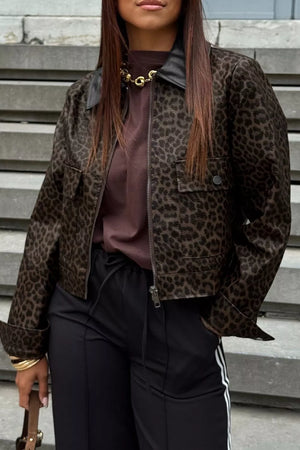 Leopard Print Cropped Faux Leather Jacket in Black, model styling view