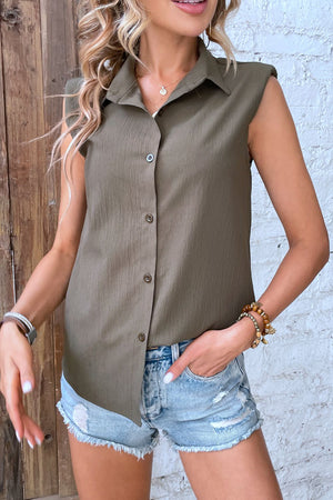 Olive brown textured sleeveless button-down shirt with shoulder pads