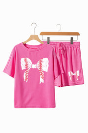 Hot pink waffle knit loungewear set with baseball bow graphic on tee and shorts.