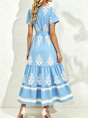 Printed Surplice Short Sleeve Dress in Blue, fabric detail