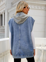 Sleeveless denim utility vest with grey hood in dark wash.