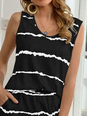 Black abstract stripe sleeveless sleep set with scoop neck and pockets.