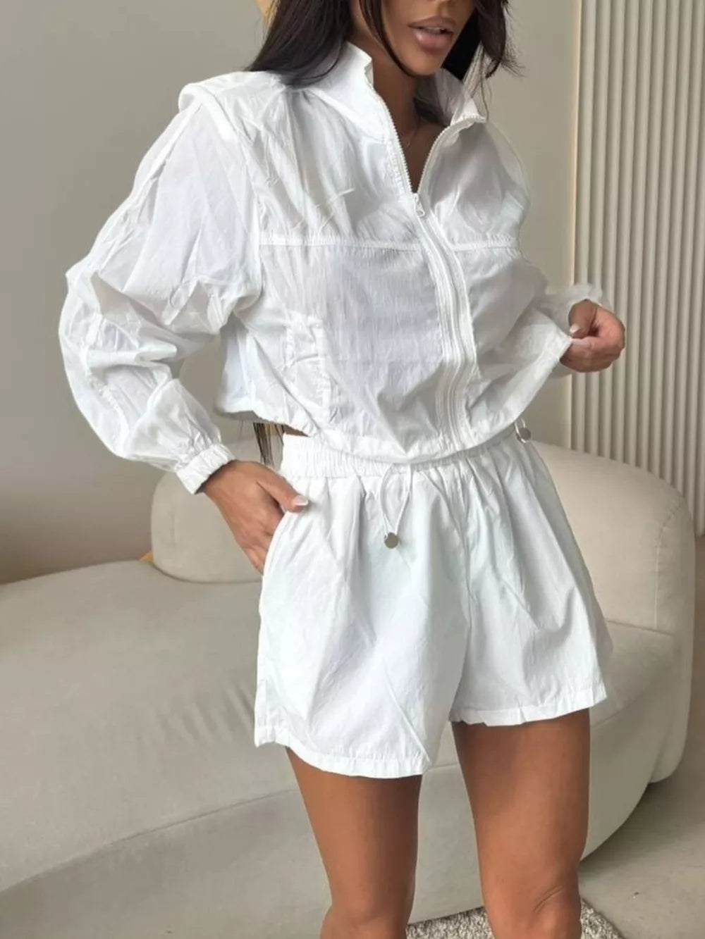 Zip Up Long Sleeve Outerwear And Shorts Set, close-up detail