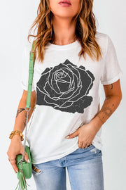 White t-shirt with a distressed charcoal rose graphic, crew neck, and short sleeves.