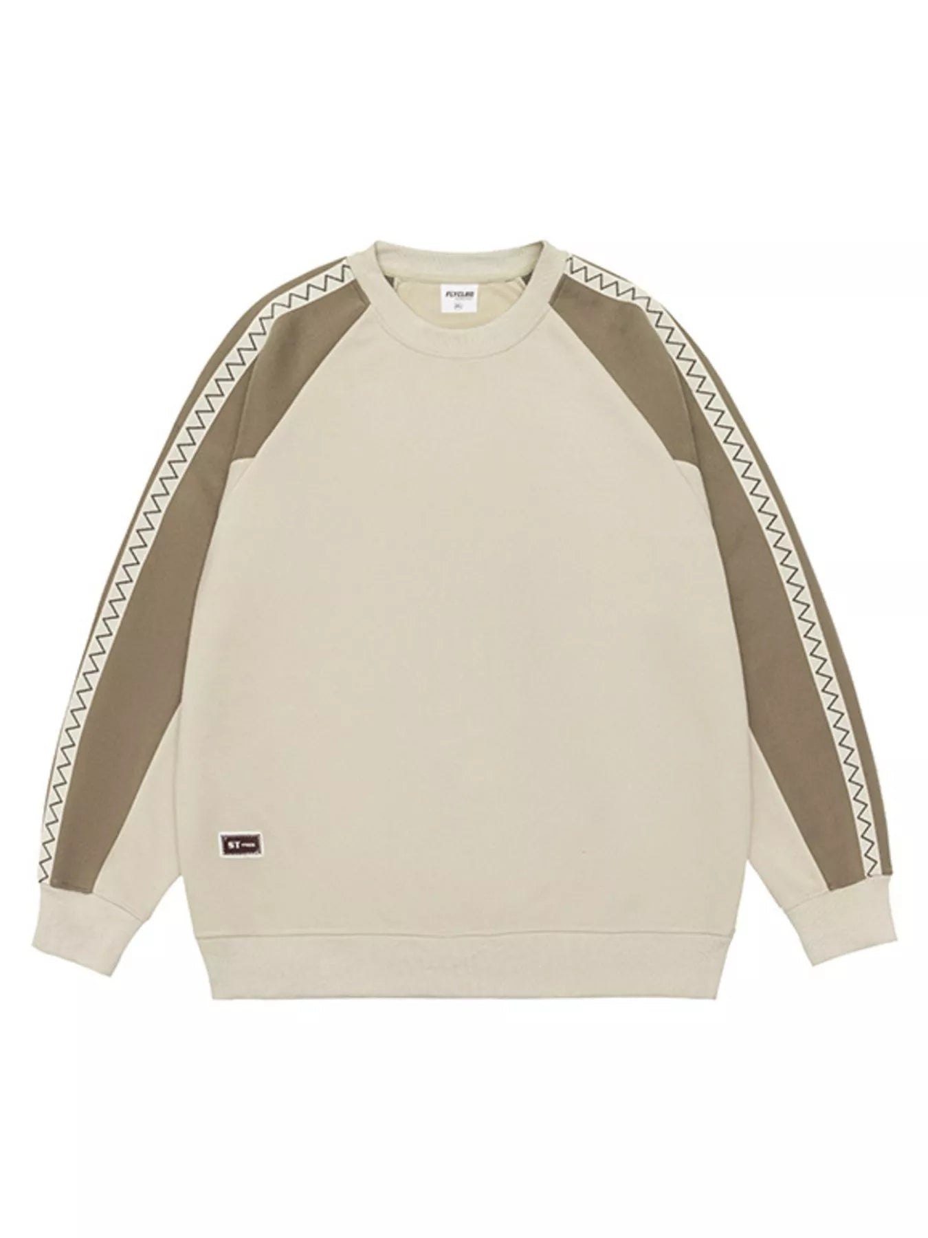 Oversized raglan sleeve sweatshirt in beige with brown sleeves featuring zigzag stitching detail.