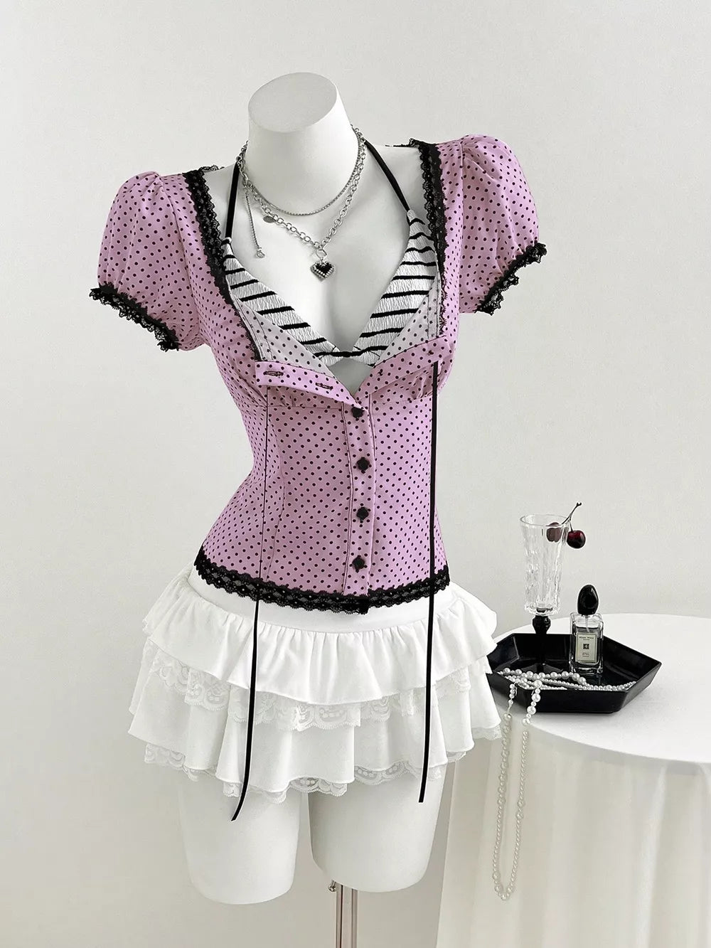 Polka Dot Lace Trim Puff Sleeve Top, view 14