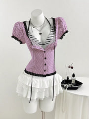 Polka Dot Lace Trim Puff Sleeve Top, view 14
