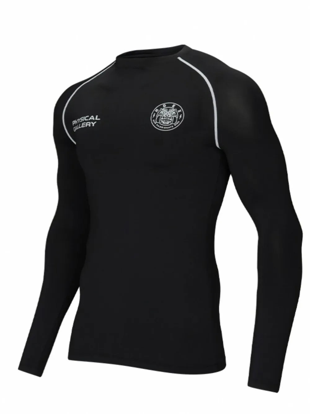 Black long sleeve performance fit crew neck t-shirt with white piping and chest branding.