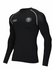 Black long sleeve performance fit crew neck t-shirt with white piping and chest branding.