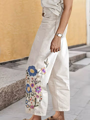 Embroidered Floral Detail Wide-leg Jeans