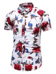 Men's white short sleeve button-up shirt with red and blue floral print