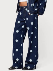 Polka dot wide leg denim maternity jeans in blue cotton with buttoned fly.