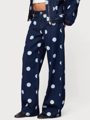 Polka dot wide leg denim maternity jeans in blue cotton with buttoned fly.