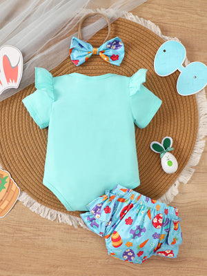 Lake blue baby bodysuit with ruffled sleeves and carrot print bloomer shorts.