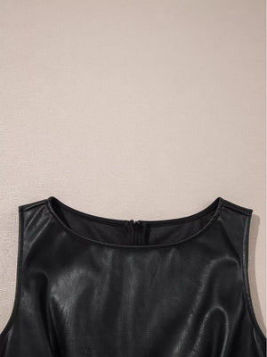 Black vegan leather sleeveless mini dress with round neckline and zipper detail.