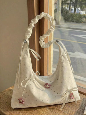 Floral Embellished Shoulder Bag in Cream, close-up detail