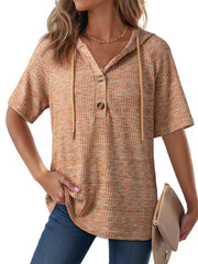 Apricot waffle knit hooded t-shirt with button detail and drawstring hood.
