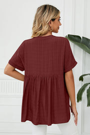 Burgundy linen blouse with gathered back and short sleeves