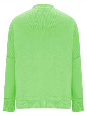 Oversized neon green ribbed knit sweater with drop shoulders and crew neck.