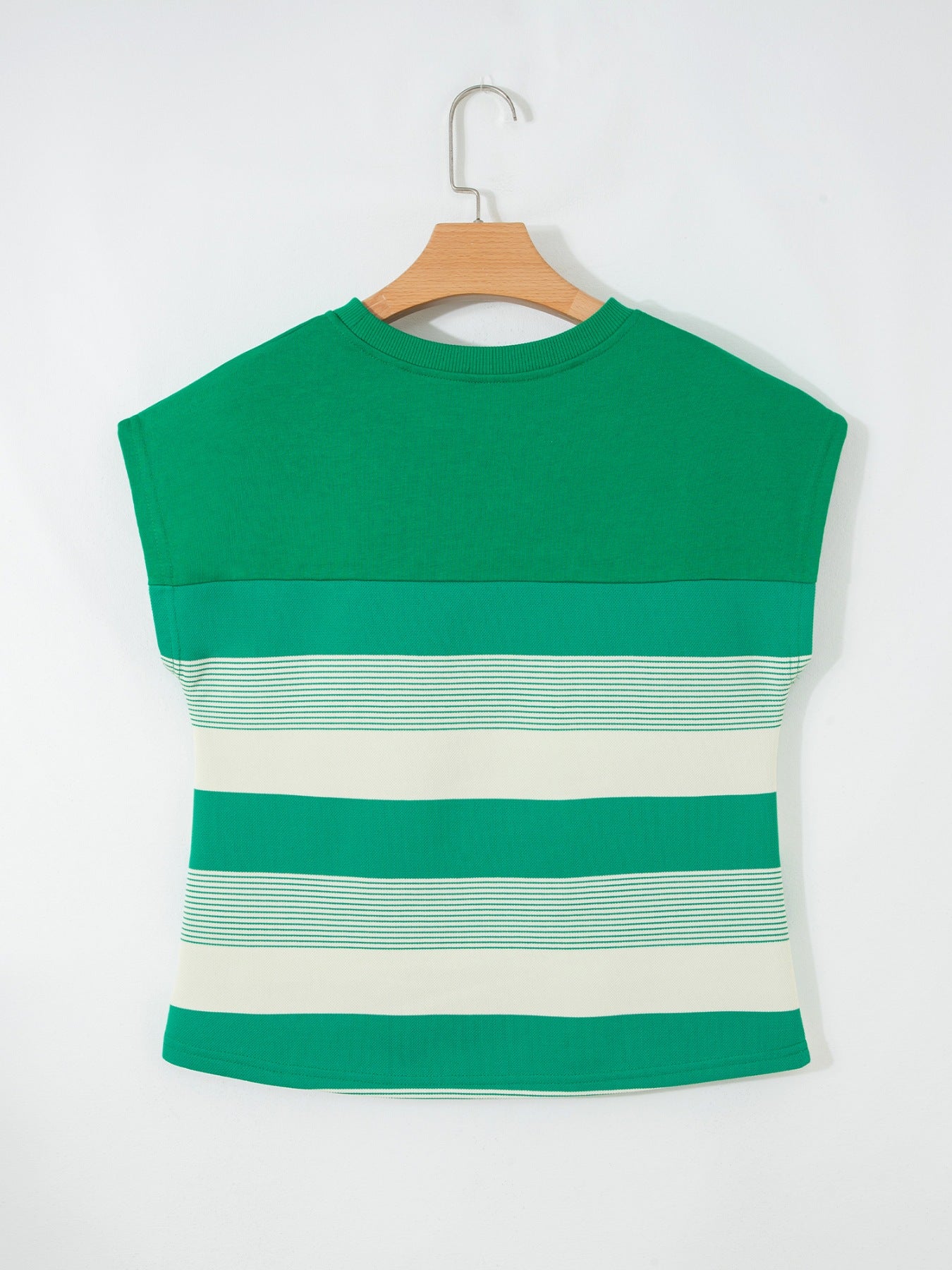Green striped cap sleeve t-shirt with crew neck and horizontal stripe pattern.