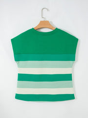 Green striped cap sleeve t-shirt with crew neck and horizontal stripe pattern.