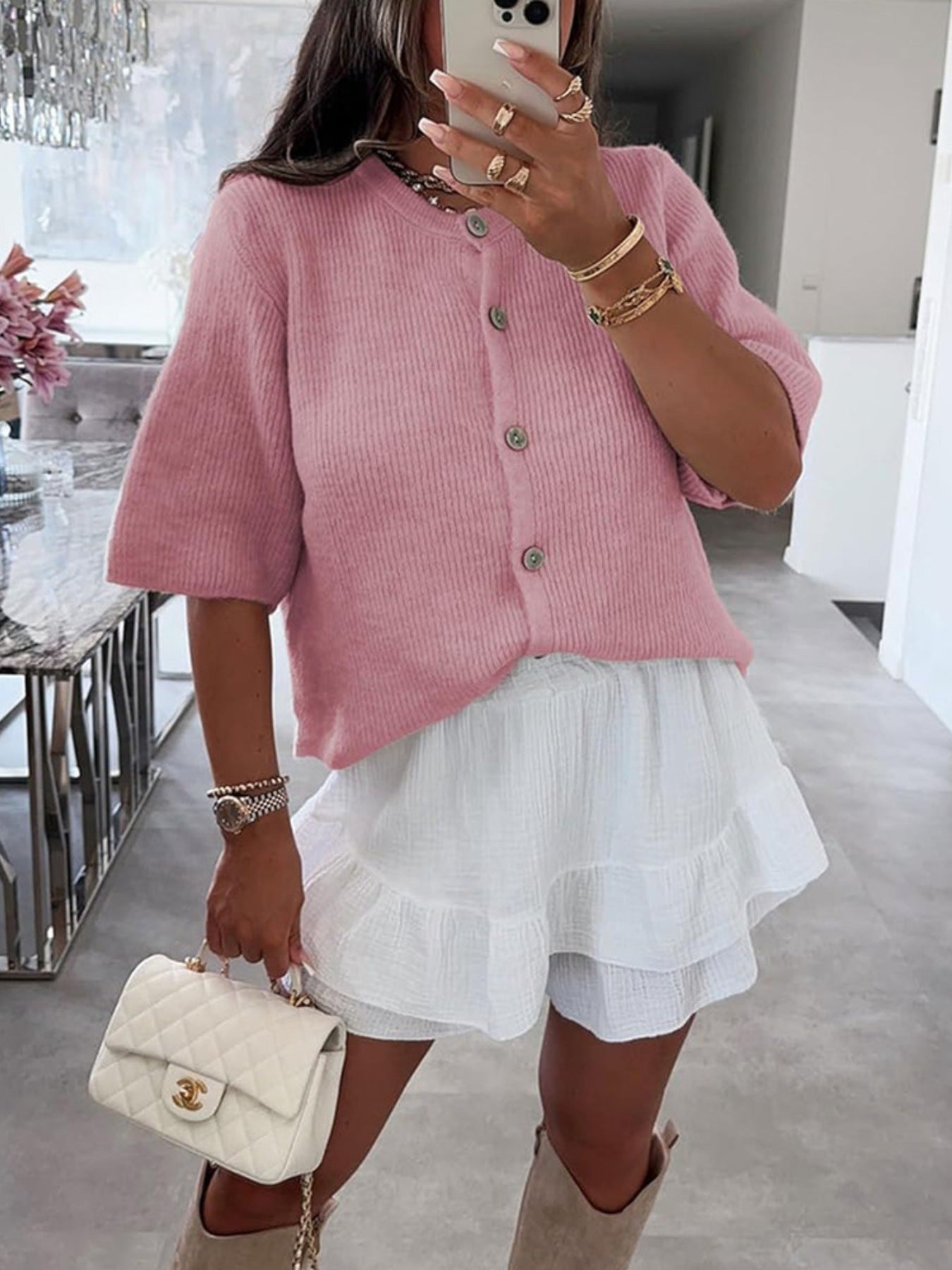 Dusty pink ribbed button-down cropped cardigan with short sleeves