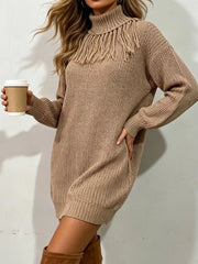 Full Size Turtleneck Fringe Sweater Dress in Burgundy, model styling view