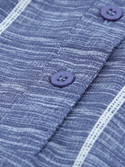 Dusty blue striped V-neck buttoned blouse with white trim detail