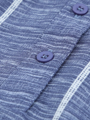 Dusty blue striped V-neck buttoned blouse with white trim detail