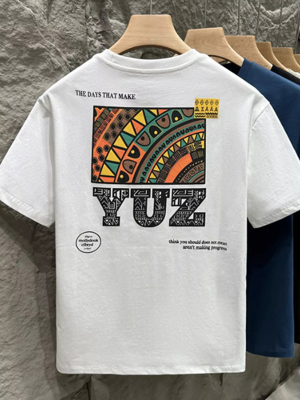White cotton crew t-shirt with abstract graphic print and text
