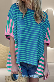 Asymmetric stripe panel tee in cerulean with pink and green stripes, short sleeves, and a relaxed fit.