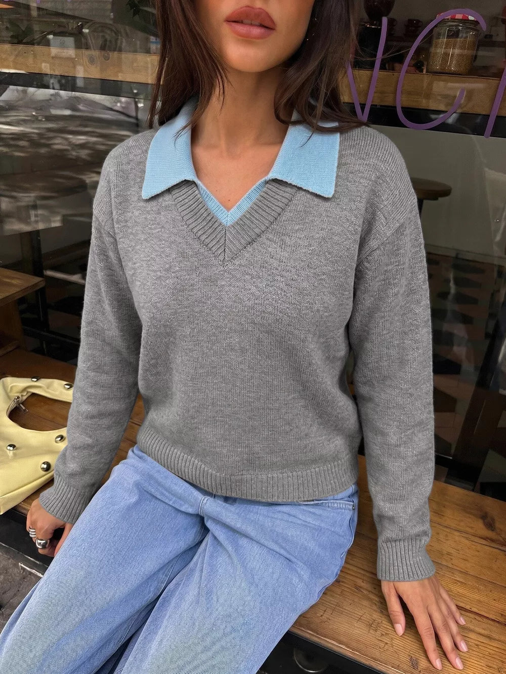 Contrast Collar Dropped Shoulder Sweater in Gray, close-up detail