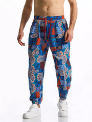 Men's Full Size Printed Drawstring Casual Pants in Chocolate, fabric detail