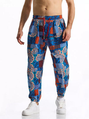 Men's Full Size Printed Drawstring Casual Pants in Chocolate, fabric detail