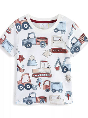 White cotton t-shirt with a playful construction truck graphic print and maroon neckline.