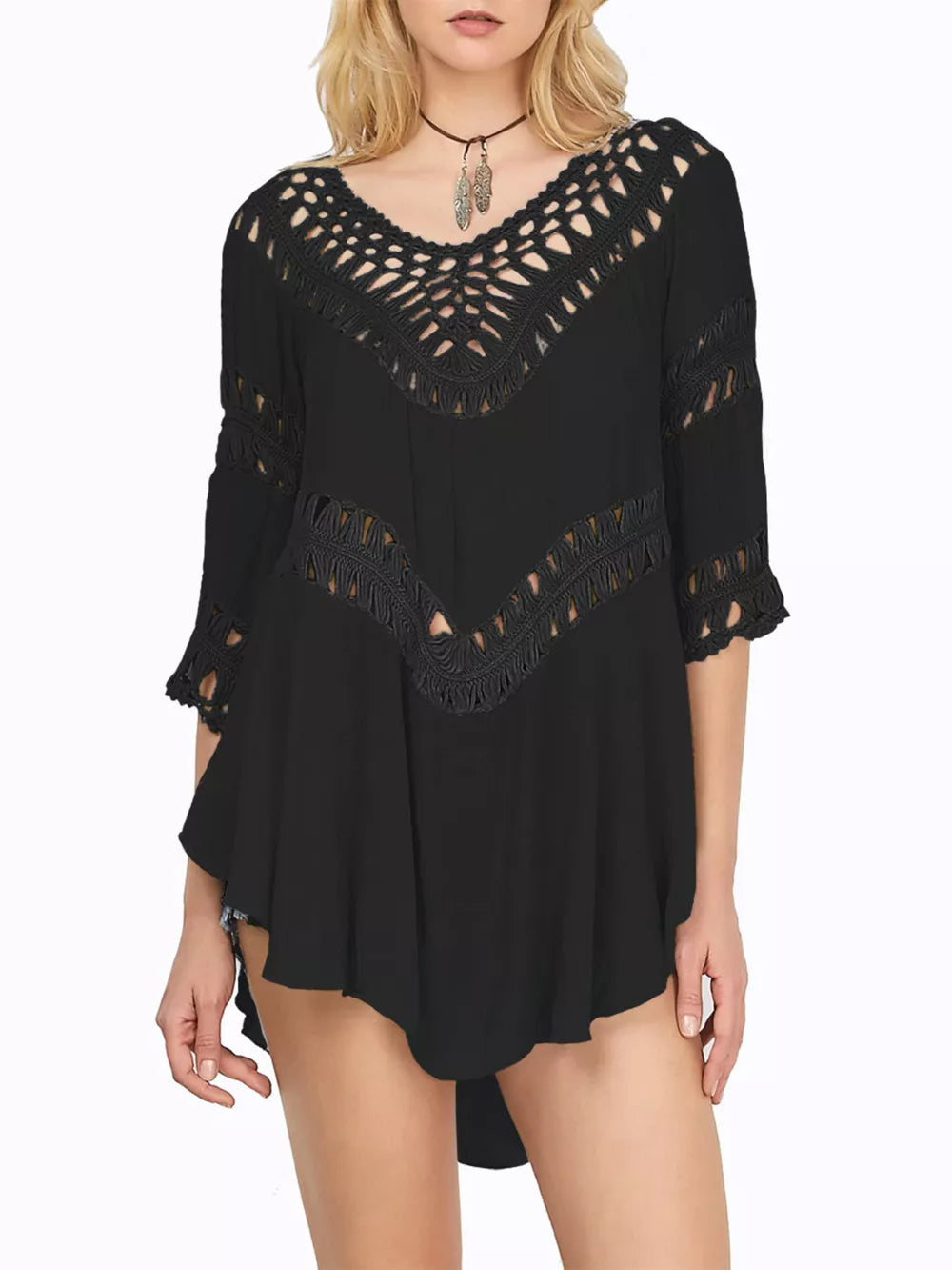 Black crochet-trimmed flowy cover-up with V-neck and 3/4 sleeves.