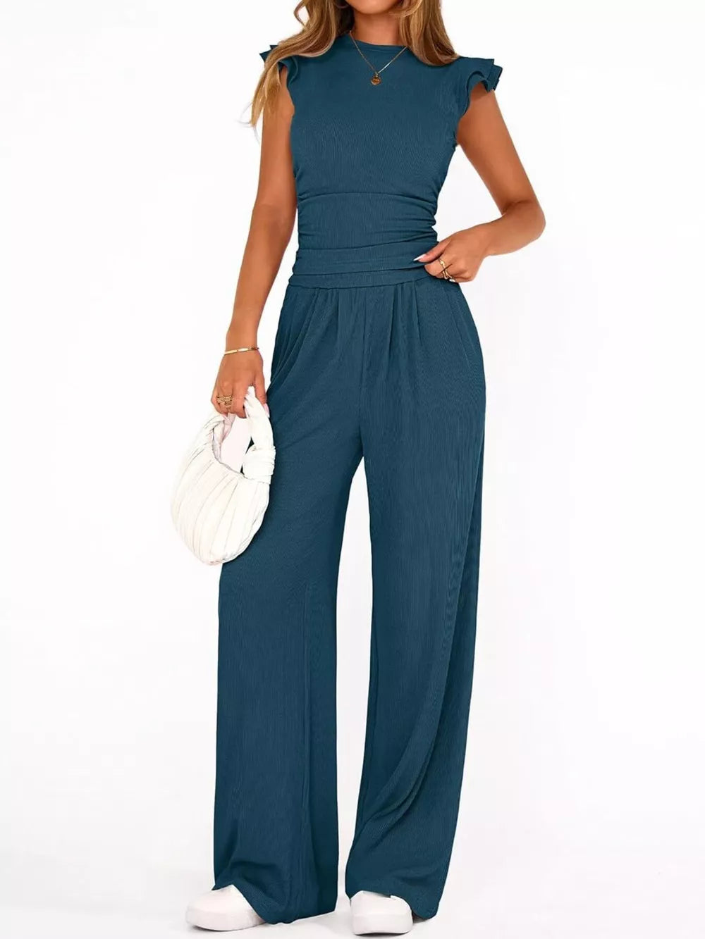 Sky blue ruffled cap sleeve crew neck maternity two-piece ensemble with wide leg pants.
