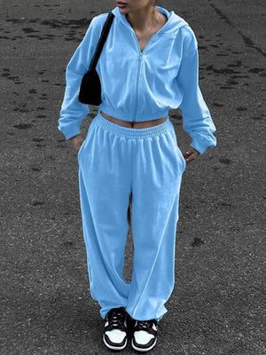 Pastel blue cropped zip hoodie and wide leg sweatpants set