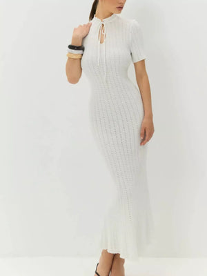 White knitted mermaid dress with short sleeves and tied neckline
