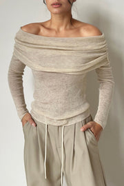 Off-the-shoulder ribbed knit top in Khaki with draped neckline and long sleeves.