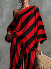Asymmetrical Striped Top And Wide-leg Pants Set