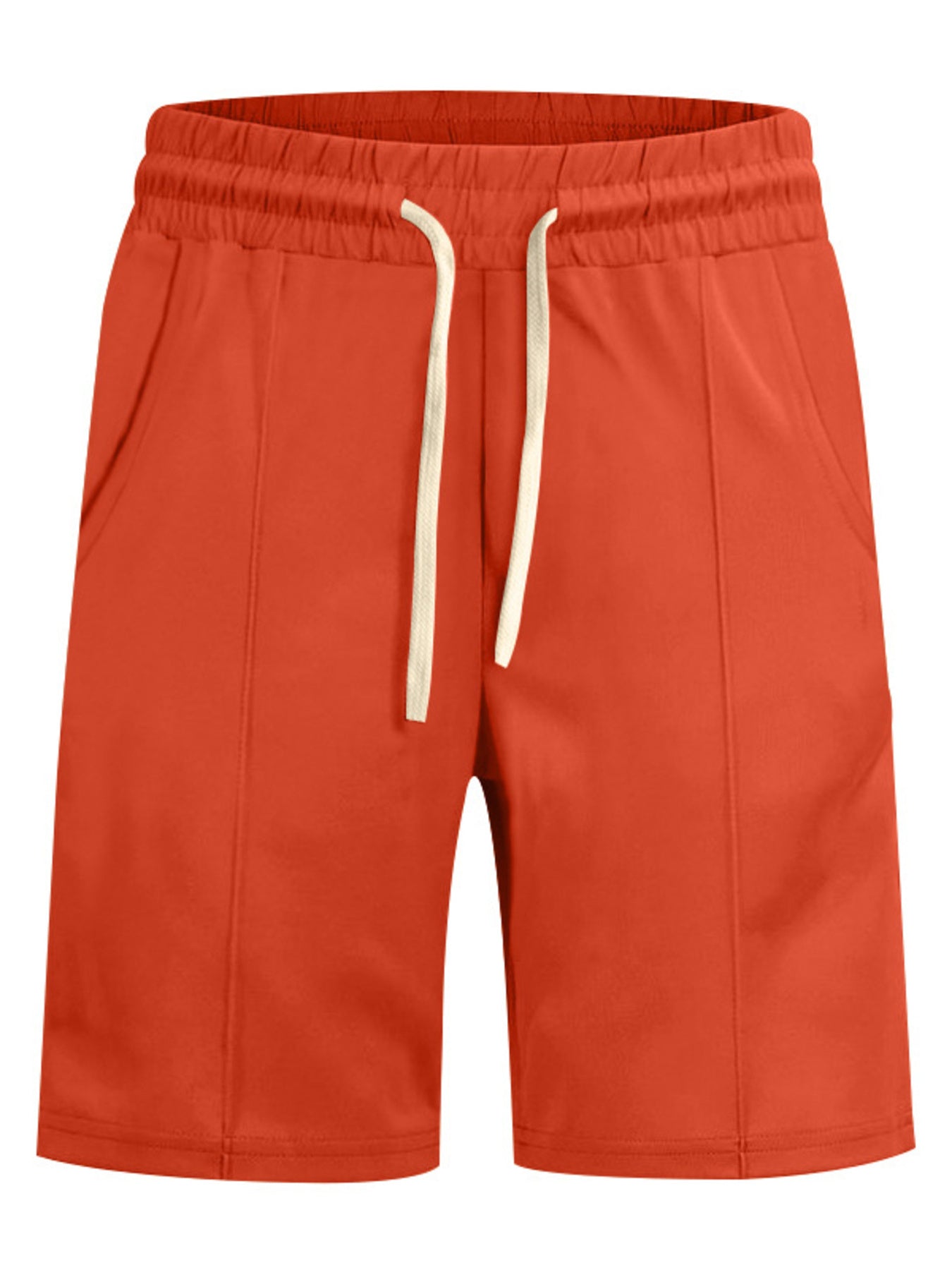 Men's orange red chino shorts with drawstring and elastic waistband.