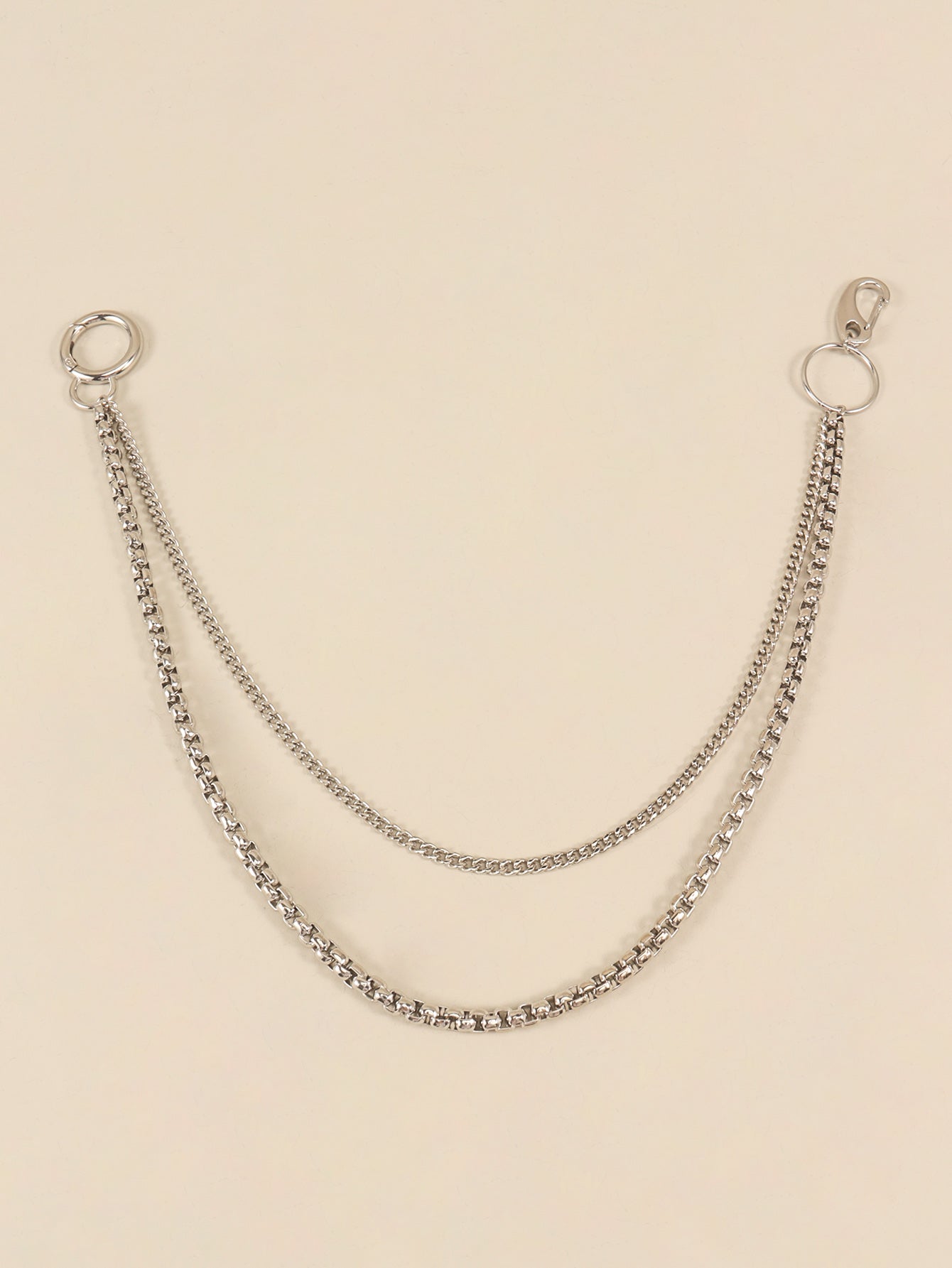 Silver double-strand chain pant accessory with lobster clasp and O-ring.