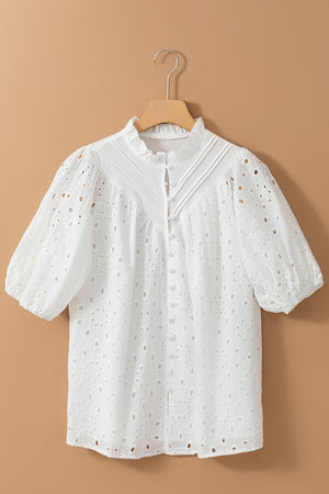 White eyelet puff-sleeve blouse with stand collar and button front
