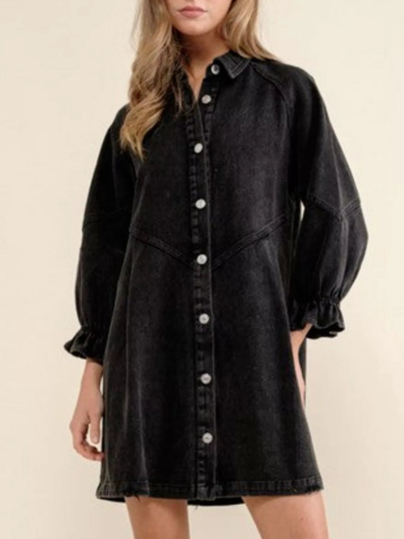 Black denim button-down dress with ruffled cuffs and balloon sleeves.