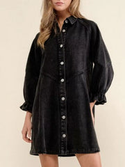 Black denim button-down dress with ruffled cuffs and balloon sleeves.