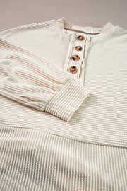 Corded Texture Lantern Sleeve Henley Sweatsuit in Ivory, view 12