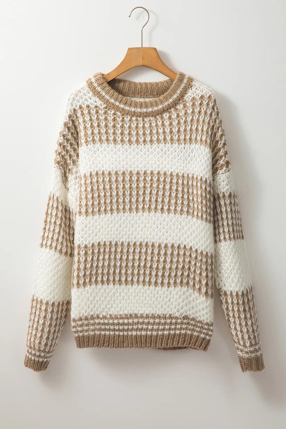 Textured knit sweater in taupe and white stripes with a crew neck.