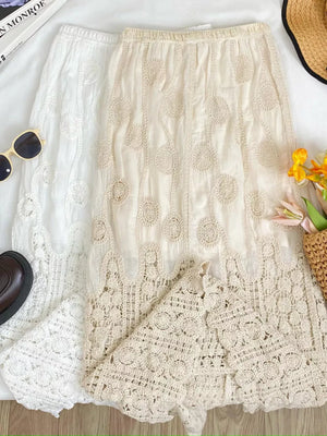 Luxe lace midi skirt in white and apricot with elastic waist and crochet detail