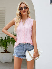Pink scalloped eyelet tank top with center lace detail and V-neck.
